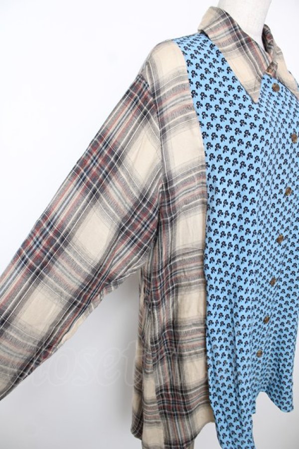 画像4: ヴィヴィアンウエストウッド 中古 / チェックxフラワーオーバーシルエットシャツ 00 ベージュ×ブルー  Y-25-12-21-020-bl-SZ-ZY (4)