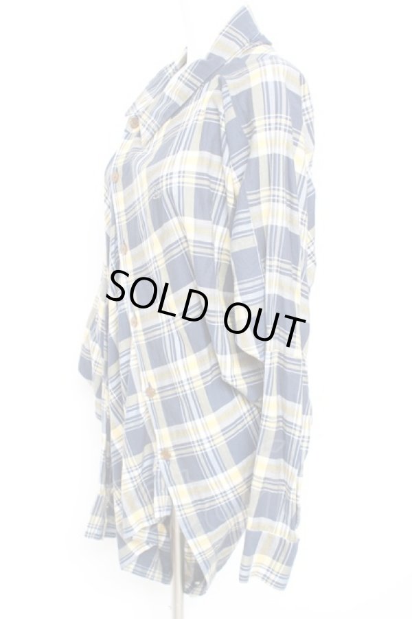 画像2: ヴィヴィアンウエストウッド MAN 中古 / MADRAS CHECK PATCHWORK DRAPEブラウス  イエローｘ紺  Y-26-01-28-019-bl-AS-OS (2)
