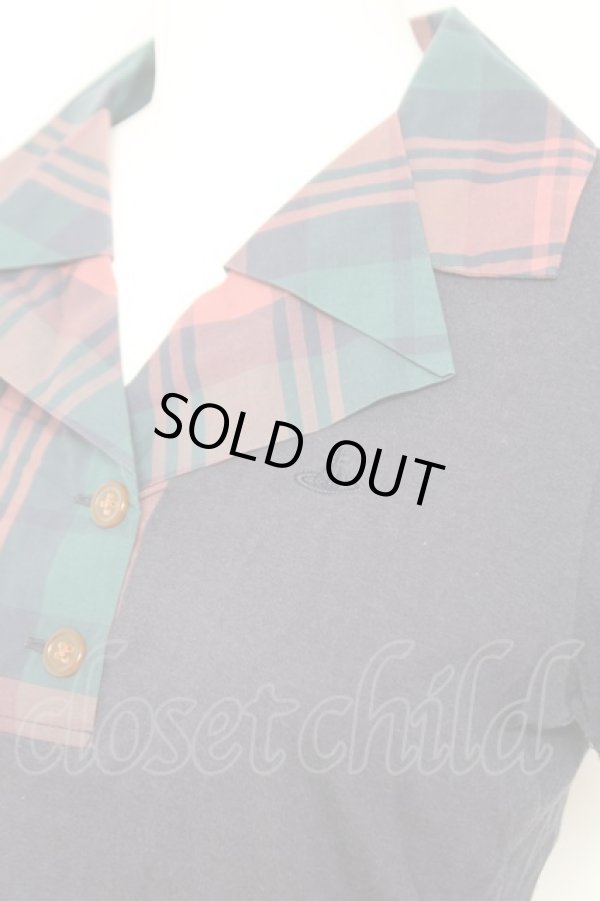 画像4: ヴィヴィアンウエストウッド 中古 / 単色オーブ刺繍&チェック襟ポロカットソー 2 紺  Y-26-01-28-034-to-SZ-ZH (4)