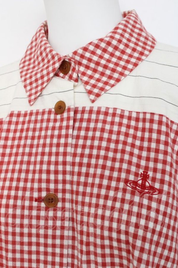 画像4: ヴィヴィアンウエストウッド 中古 / ギンガムブロッキングシャツ 00 レッド  Y-26-03-15-021-bl-SZ-ZY (4)