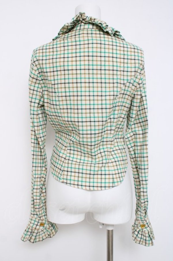 画像2: ヴィヴィアンウエストウッド 中古 / チェック柄高襟ブラウス 10 グリーン/ベージュ  Y-26-04-08-033-bl-SZ-ZY (2)