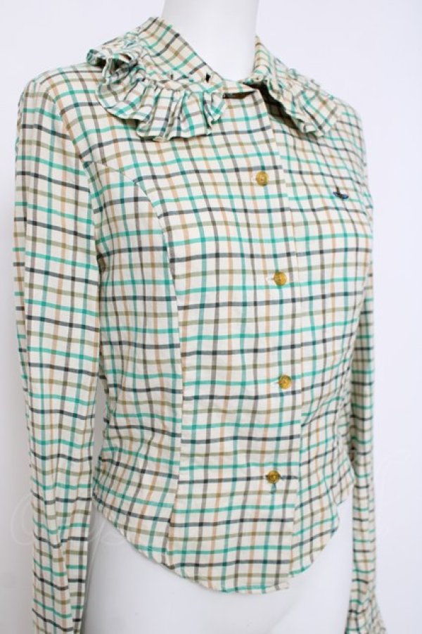 画像3: ヴィヴィアンウエストウッド 中古 / チェック柄高襟ブラウス 10 グリーン/ベージュ  Y-26-04-08-033-bl-SZ-ZY (3)