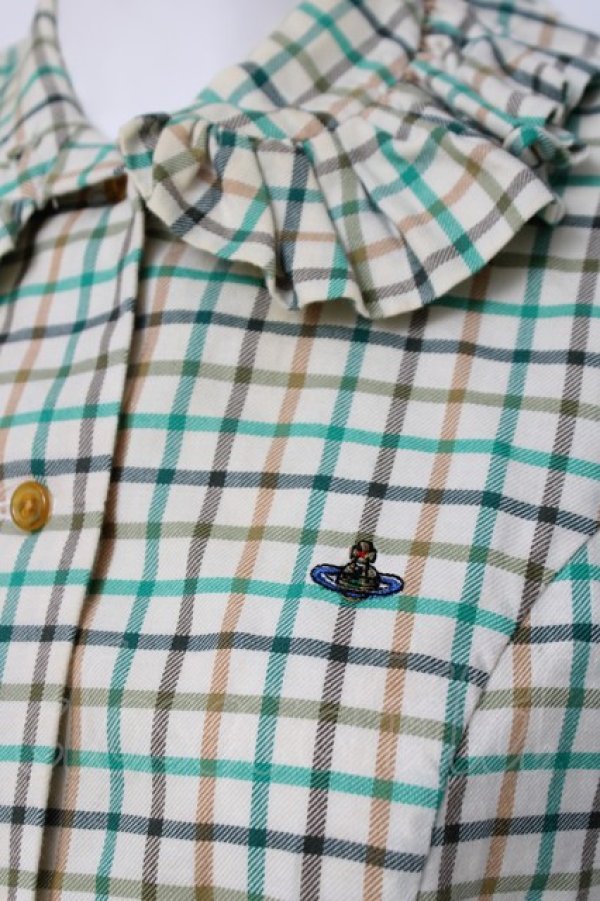 画像4: ヴィヴィアンウエストウッド 中古 / チェック柄高襟ブラウス 10 グリーン/ベージュ  Y-26-04-08-033-bl-SZ-ZY (4)
