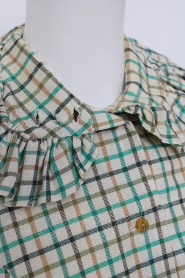 画像5: ヴィヴィアンウエストウッド 中古 / チェック柄高襟ブラウス 10 グリーン/ベージュ  Y-26-04-08-033-bl-SZ-ZY (5)