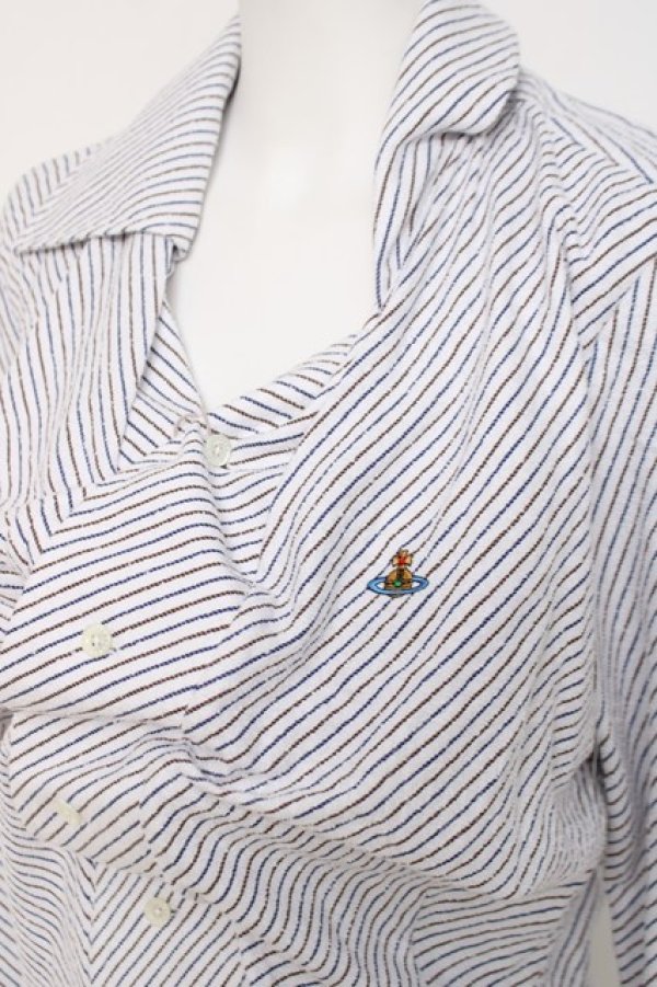 画像4: ヴィヴィアンウエストウッド 中古 / DRUNKEN SHIRT 42 ホワイト/ブルー×ブラウンストライプ  Y-26-04-08-043-bl-OD-ZY (4)